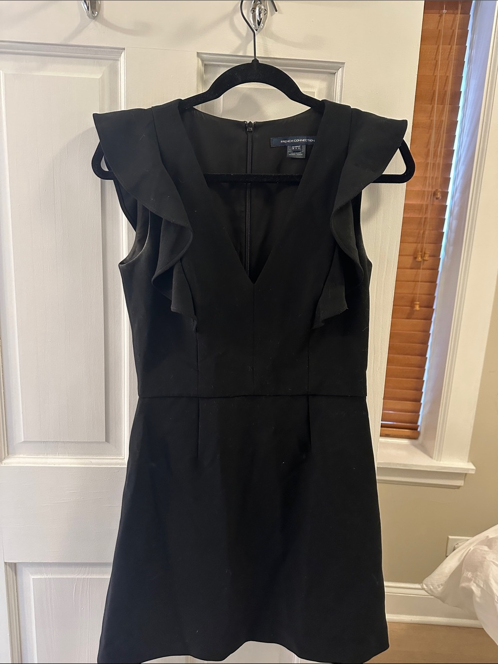 French Connection Black Ruffle V-Neck Mini Dress
